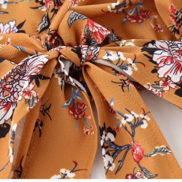 Two Piece Brown Floral Bell Sleeve Crop Top Ruffled Mini Skirt Summer Outfit NEW - Picture 3 of 4